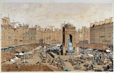 A 19. századi párizsi Marche és az Ártatlanok szökőkútja. Theodore Joseph Hubert Hoffbauer (1839-1922) akvarellje 19. század Párizs, Musee Carnavalet