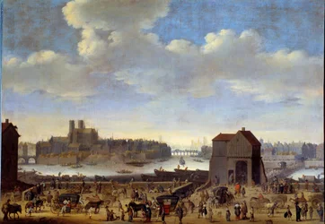 A Quai és a Pont de la Tournelle, Ile de la Cite és Ile Saint Louis kilátása Párizsban 1646 körül Theodor Dirck Matham (1606-1676) festménye 1646 Méret: 1,0 x 1,41 m Párizs, Musee Carnavalet