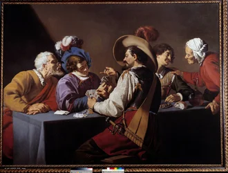 Kártyajátékosok, a brelan Theodore Rombouts festménye (1597-1637) 17. század V. 1,52x2,06 m Antwerpen. Koninklik Múzeum – A kártyajátékosok, a „” brelan””. Theodore Rombouts festménye (1597-1637)