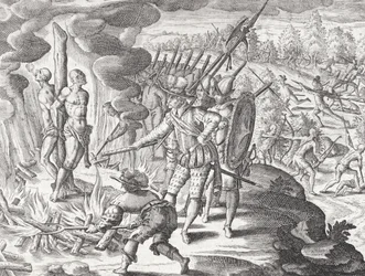 Két Payaguá indián kivégzése, akiket Juan de Ayolas (megh.1537?) meggyilkolásával vádoltak, Johann Ludwig Gottfried „Newe Welt und Americanische Historien” című művéből, Mattaeus Merian kiadásában, Frankfurt