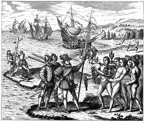 Kolumbusz Kristóf (1451-1506), genovai felfedező, Amerika felfedezése közben - 1492. május 12. Théodore de Bry 1590-es metszete nyomán.