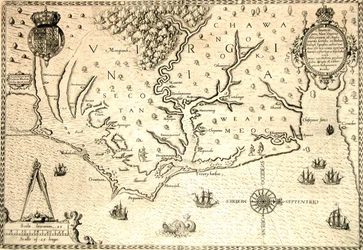 1590-es térkép, amelyet Theodore de Bry metszett John White angol gyarmatosító, Roanoke kormányzójának akvarellje után. Virginia és a part kis szigetekkel és Roanoke a folyó torkolatánál. Secotan és Weapemeoc szülőföldjei.