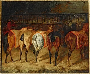 Cinq chevaux vus par la croupe, dans une ecurie - Öt ló hátulról nézve egy istállóban (olaj, vászon)