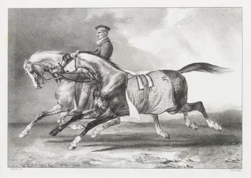 Két foltos szürke ló, amelyet sétáltatnak (Two Dapple-Grays Being Exercised)