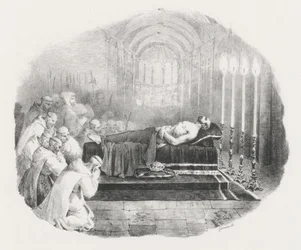 Hódító Vilmos, akit halála után a Boscherville-i templomba szállítottak (Hódító Vilmos nyilvános ravatalozása a Boscherville-i Szent György-apátsági templomban)