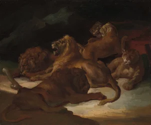 Oroszlánok hegyvidéki tájon, kb. 1818-20.