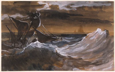 Vitorlás tomboló tengeren, 1818-1819 körül (ecset és barna mosás, akvarell fekete krétával)