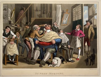 Vasárnap reggel, eng. George Hunt, kocsma. Thos. McLean, London, 1827 (kézzel színezett metszet)