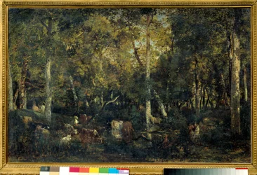 Fabelső Bas-Breau régi kollégiumának (Fontainebleau-i erdő) nevezett Theodore Rousseau festménye (1812-1887) 1836 V. 0,65x1,03 m Párizs, Orsay Múzeum