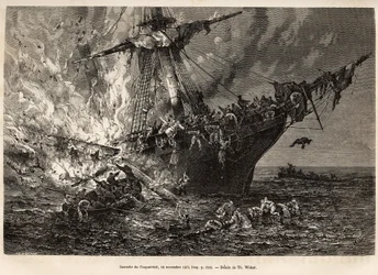 A Cospatrick, egy brit hajó, amely több mint 400 emigránst szállított Új-Zélandra, tüze 1874. november 19-én, T. Weber rajza után, amely a viharok és utazások tanulmányozását illusztrálja, Mr. Zurcher és Mr. Margolle. 1870-1874, megjelent: