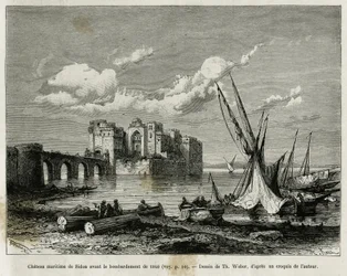 Szidon tengeri vára az 1840-es bombázás előtt. Th. Weber, hogy illusztrálja a La Syria d