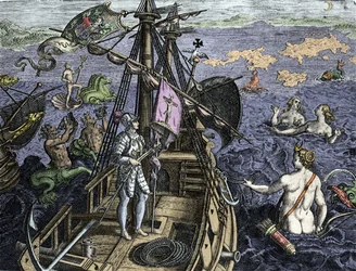 Allegorie des voyages de Christopher Columbus (1451-1506), metszet Theodor de Bry (1527-1598) "Historia Americae sive Novi Orbis" című művéből, Amszterdam 1594.