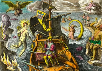Fernand de Magellan (1480-1521) hajós allegóriája armilláris gömb segítségével ábrázolja a hajóját, mitológiai szereplőket és fantasztikus állatokat vesz körül. Metszet az „Admirante Narratio Americae”-ból, Theodore de Bry (1528-159)
