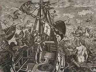 Kolumbusz Kristóf utazásának allegóriája az Újvilág felfedezéséhez, Theodor de Bry (1528-1598) metszete