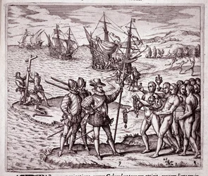 Kolumbusz Kristóf megérkezése Hispaniola szigetére a Nyugat-Indiákon (metszet)