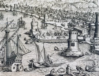 Girolamo Benzoni érkezése La Palma kikötőjébe, metszet a Historia Americae-ból, Theodor de Bry (1528-1598), Frankfurt
