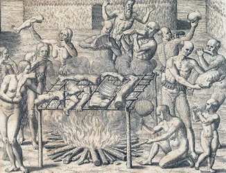 Kannibalizmus a brazíliai belső területek törzseinél, metszet Theodore de Bry (1528-1598) Amerikai történetéből, Frankfurt, Dél-Amerika