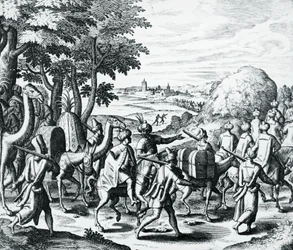 Arab kereskedők karavánja Aleppóból Bászrába utazva, metszet Grands and Petits Voyages, Theodor de Bry (1528-1598), Közel-Kelet