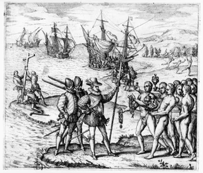 Kolumbusz Kristóf (1451-1506) ajándékokat fogad Guacanagari kásikától Hispaniolán (Haiti), az „Americae Tertia Pars IV” című műből, 1594