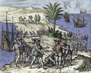 Kolumbusz Kristófot és testvérét Francisco de Bobadilla 1500-ban letartóztatta. Théodore de Bry (1528-1598) metszete.