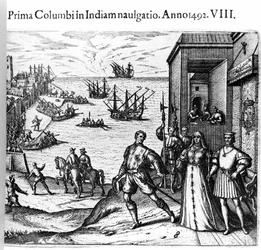 Kolumbusz Kristóf és a Pinzon fivérek 1492.08.03-án elhagyják a spanyolországi Palos kikötőjét az Újvilágba. Jobb oldalon Portugália királya és királynője II. Ferdinánd Aragóniai katolikus és Izabella Iere kasztíliai. Theodore de Bry metszete az „” Admiran