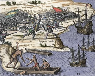 Kolumbusz Kristóf negyedik jamaicai útja 1502-1504-ben: csata Francisco Poraz ellen. Metszet Theodor de Bry (1527-1598) „Historia Americae sive Novi Orbis” című művéből, Amszterdam, 1594.