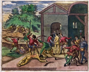 A spanyol gyarmatosítók kegyetlensége az indiánokkal szemben, Mexikó, kb. 1550