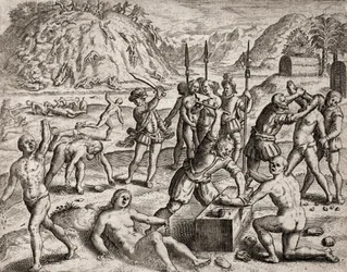 A spanyol telepesek által indiánokon elkövetett bűncselekmények leírása - Konkvisztádorok indián falut mészárolnak le. Kézamputációk - Theodore de Bry metszete Bartolomé de las Casas „Narratio regionum indicarum per Hispanos quosdam devastatarum