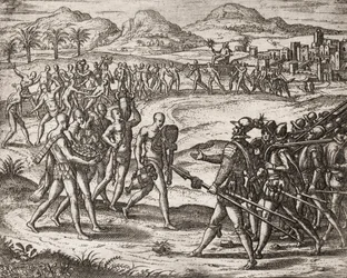 A spanyol telepesek által indiánokkal elkövetett bűncselekmények leírása - Indiánok ajándékot és aranyat hoznak a hódítóknak - Theodore de Bry metszetei " "Néhány elpusztított spanyol spanyol története