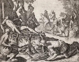 A spanyol telepesek által indiánokkal szemben elkövetett bűncselekmények leírása - A spanyol hódítók indiánkínzásának jelenete. Kínzás grillen, kéz amputációja – Theodore de Bry metszet a Narratio regionum indicarum per Hispanos quosdam devastataru könyvéb
