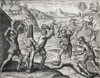 Spanyol telepesek által indiánokkal szemben elkövetett bűncselekmények leírása – indiánokat kínzó spanyolok – Theodore de Bry metszete Bartolome de las Casas (1484-1566) „Brevisima Relacion de la Destruction de las Indias” című művében