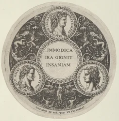 Tervezés egy edényhez Nero, Galba és Caligula római császárok portréival, kb. ..., kb. 1588.