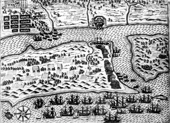 Drake elfogja a „Szent Ágoston” csónakot, 1586-ban De Bry által