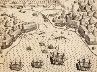 Hollandok érkezése a jávai Madura-szigetre, metszet az India Orientalis művéből, Theodor de Bry (1528-1598), Indonézia