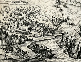 Holland expedíció Mozambik partjai mentén, Theodor de Bry (1528-1598) metszet India orientalisból