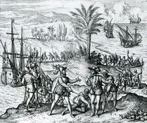 Francisco de Bobadilla kormányzóként érkezik, és Hispaniolán letartóztatja Kolumbusz Kristófot (1451-1506), 1500, 1590