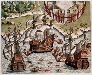 Amerika története: "" Csata a portugál flották és a francia flották között Brazília partjainál a Potiguarai-tengeren"" Hans Staden német felfedező, aki a spanyol flottákkal együtt indult Brazíliába, a Tupinamba által elfogott német felfedező útjainak felol