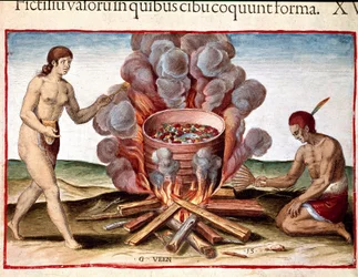 Amerika története: Theodore de Bry (1528-1598) „Admirante Narratio Americae” metszete: „Indián főzőhal”