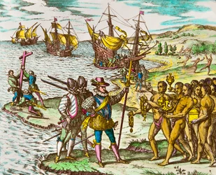 Amerika története: Kolumbusz Kristóf (1451-1506) felfedezőt az indiánok üdvözlik, amikor megérkezett az Újvilágba”” Metszet: Theodore De Bry (1528-1598) Metszet a 16. századról