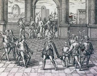 Atahualpa inka császárt spanyolok fogságba ejtik a perui Cajamarcában, Theodore de Bry (1528-1598) metszet az amerikai történelemből, Frankfurt