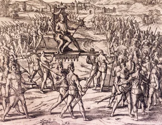 Atahualpa inka császár, akit Francisco Pizarro (1475-kb. 1541) spanyol csapatai legyőztek, Peru, metszet Theodore de Bry (1528-1598) Amerika története című művéből, Frankfurt
