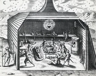William Barents (kb. 1550-1597) téli otthonának belseje az orosz Novaja Zemlja szigetcsoportban, Theodor de Bry (1528-1598), metszet