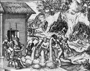 Ásványbányászat Közép- és Dél-Amerikában, metszet az Americae pars V-ből, Theodor de Bry (1561-1623)