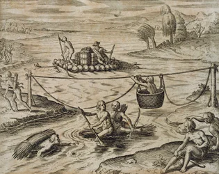 Őslakos amerikai indiánok lefelé a folyón, írta Theodore de Bry