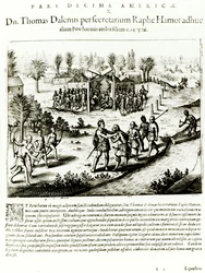 Ralph Hamor ellátogat Powhatanba, 1619 (metszet) (bw fotó)