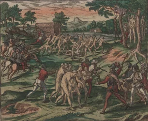 A rabszolgák megpróbálják legyőzni spanyol tulajdonosaikat, de elfogják és felakasztják a fákra, 1595.