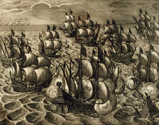 Rodrigo Mendoza spanyol armada parancsnoksága, Theodore de Bry (1528-1598) metszete, amelyet Theodore de Bry, Spanyolország, Amerika története című könyvéből vett át, 1602