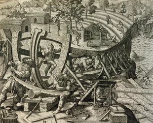 Karavellát építő spanyol tengerészek, metszet a Historia Americae-ból, Theodor de Bry (1528-1598)