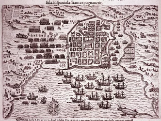 A Francis Drake flotta Santo Domingo szigetét foglalja el (metszet