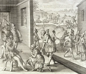 A spanyolok elfoglalják Fort Caroline-t, 1565, Johann Ludwig Gottfried "Newe Welt und Americanische Historien" című művéből, kiadta Mattaeus Merian, Frankfurt, 1631.